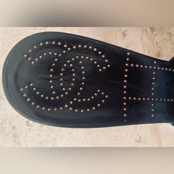 CHANEL PLATFORM BLACK LEATHER STACKED HEEL SLIDES IN BLACK/NATURAL - Picture 6 of 8